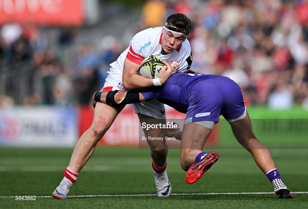 2 May 2026; Jude Postlethwaite of Ulster is tackled by Henry Slade of Exeter Chiefs during the EPCR Challenge Cup semi-final match between Ulster and Exeter Chiefs at Affidea Stadium in Belfast. Photo by Ramsey Cardy/Sportsfile