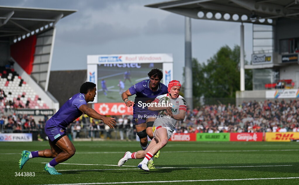 2 May 2026; Mike Lowry of Ulster on his way to scoring a try, which was subsequently disallowed, during the EPCR Challenge Cup semi-final match between Ulster and Exeter Chiefs at Affidea Stadium in Belfast. Photo by Ramsey Cardy/Sportsfile
