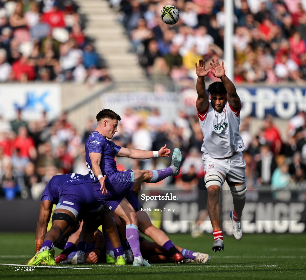 2 May 2026; Steve Varney of Exeter Chiefs in action against Cormac Izuchukwu of Ulster during the EPCR Challenge Cup semi-final match between Ulster and Exeter Chiefs at Affidea Stadium in Belfast. Photo by Ramsey Cardy/Sportsfile