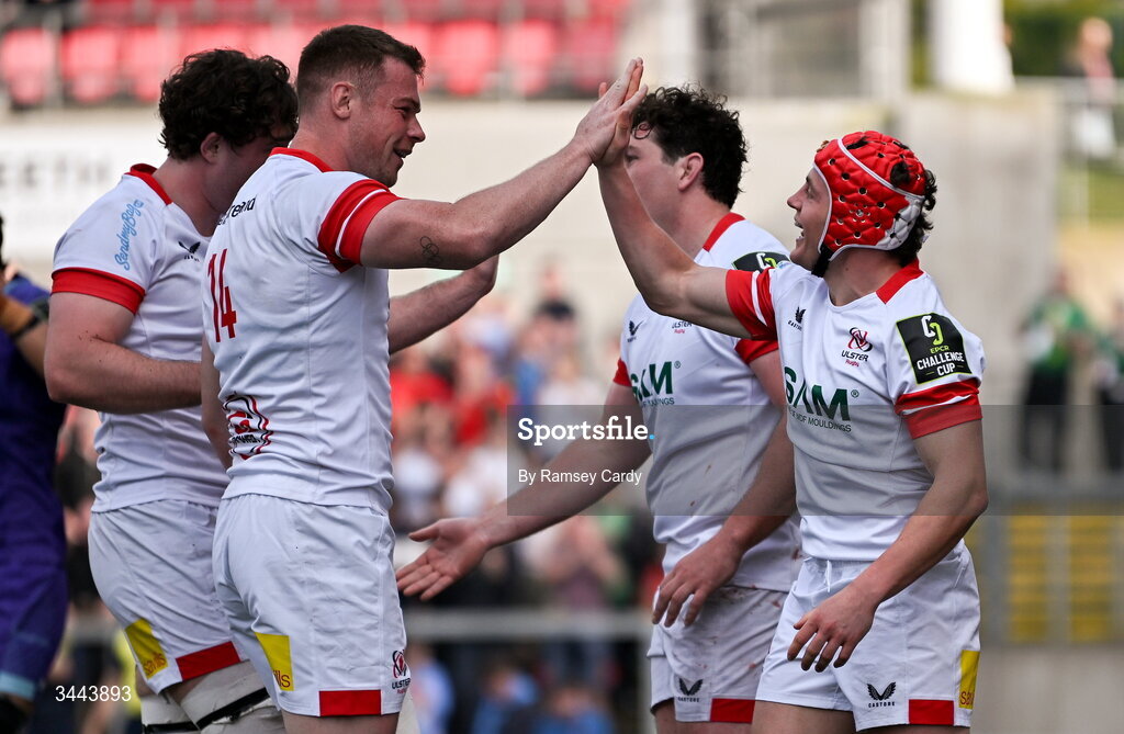 2 May 2026; Mike Lowry of Ulster, right, celebrates with Zac Ward after scoring a try which was subsequently disallowed during the EPCR Challenge Cup semi-final match between Ulster and Exeter Chiefs at Affidea Stadium in Belfast. Photo by Ramsey Cardy/Sportsfile