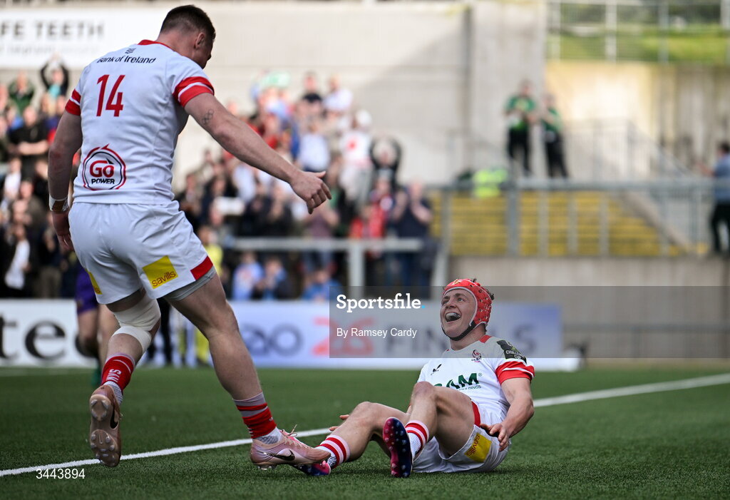 2 May 2026; Mike Lowry of Ulster, right, celebrates with Zac Ward after scoring a try which was subsequently disallowed during the EPCR Challenge Cup semi-final match between Ulster and Exeter Chiefs at Affidea Stadium in Belfast. Photo by Ramsey Cardy/Sportsfile