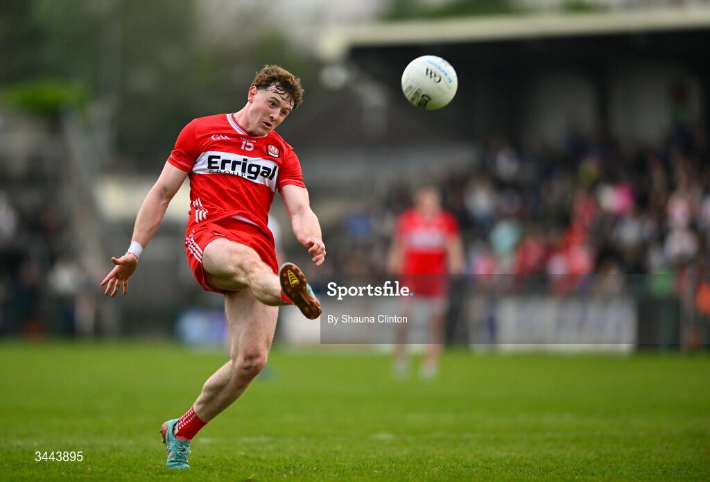 2 May 2026; Lachlan Murray of Derry kicks a point during the Ulster GAA Football Senior Championship semi-final match between Derry and Monaghan at BOX-IT Athletic Grounds in Armagh. Photo by Shauna Clinton/Sportsfile
