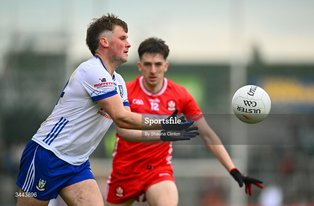 2 May 2026; Andrew Woods of Monaghan in action against Paul Cassidy of Derry during the Ulster GAA Football Senior Championship semi-final match between Derry and Monaghan at BOX-IT Athletic Grounds in Armagh. Photo by Shauna Clinton/Sportsfile