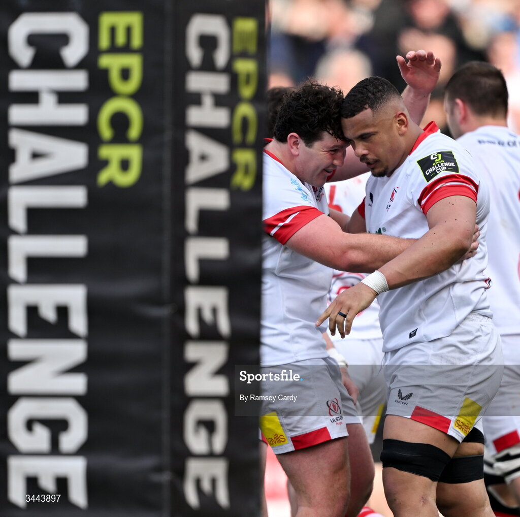 2 May 2026; Juarno Augustus of Ulster celebrates with Tom Stewart, left, after scoring their side's first try during the EPCR Challenge Cup semi-final match between Ulster and Exeter Chiefs at Affidea Stadium in Belfast. Photo by Ramsey Cardy/Sportsfile