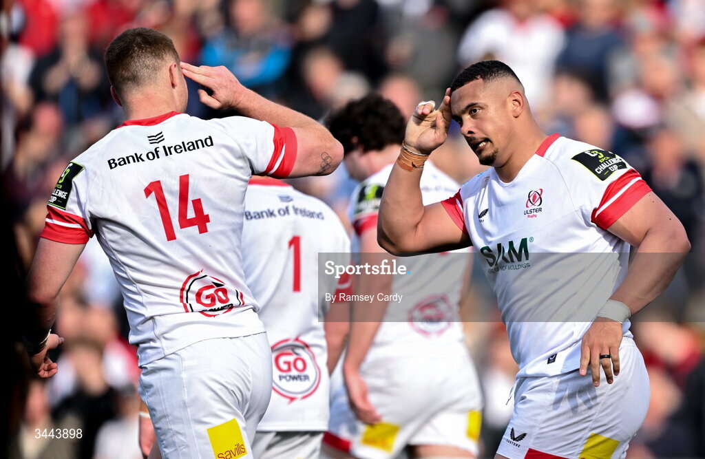 2 May 2026; Juarno Augustus of Ulster celebrates with Zac Ward, left, after scoring their side's first try during the EPCR Challenge Cup semi-final match between Ulster and Exeter Chiefs at Affidea Stadium in Belfast. Photo by Ramsey Cardy/Sportsfile