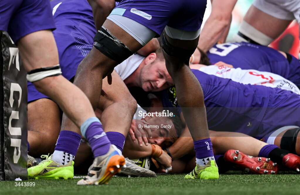 2 May 2026; Juarno Augustus of Ulster scores his side's first try during the EPCR Challenge Cup semi-final match between Ulster and Exeter Chiefs at Affidea Stadium in Belfast. Photo by Ramsey Cardy/Sportsfile