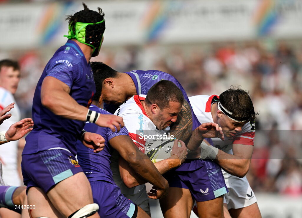 2 May 2026; Stuart McCloskey of Ulster is tackled by Immanuel Feyi-Waboso of Exeter Chiefs during the EPCR Challenge Cup semi-final match between Ulster and Exeter Chiefs at Affidea Stadium in Belfast. Photo by Ramsey Cardy/Sportsfile