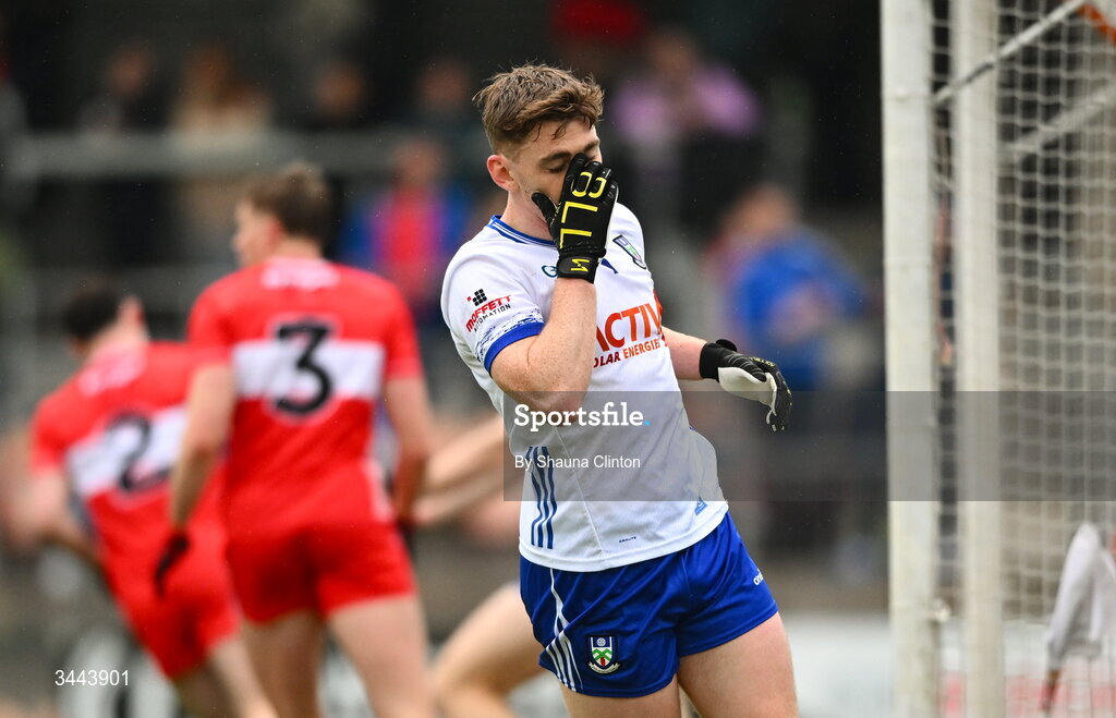 2 May 2026; Micheal Bannigan of Monaghan reacts to a missed shot on goal during the Ulster GAA Football Senior Championship semi-final match between Derry and Monaghan at BOX-IT Athletic Grounds in Armagh. Photo by Shauna Clinton/Sportsfile