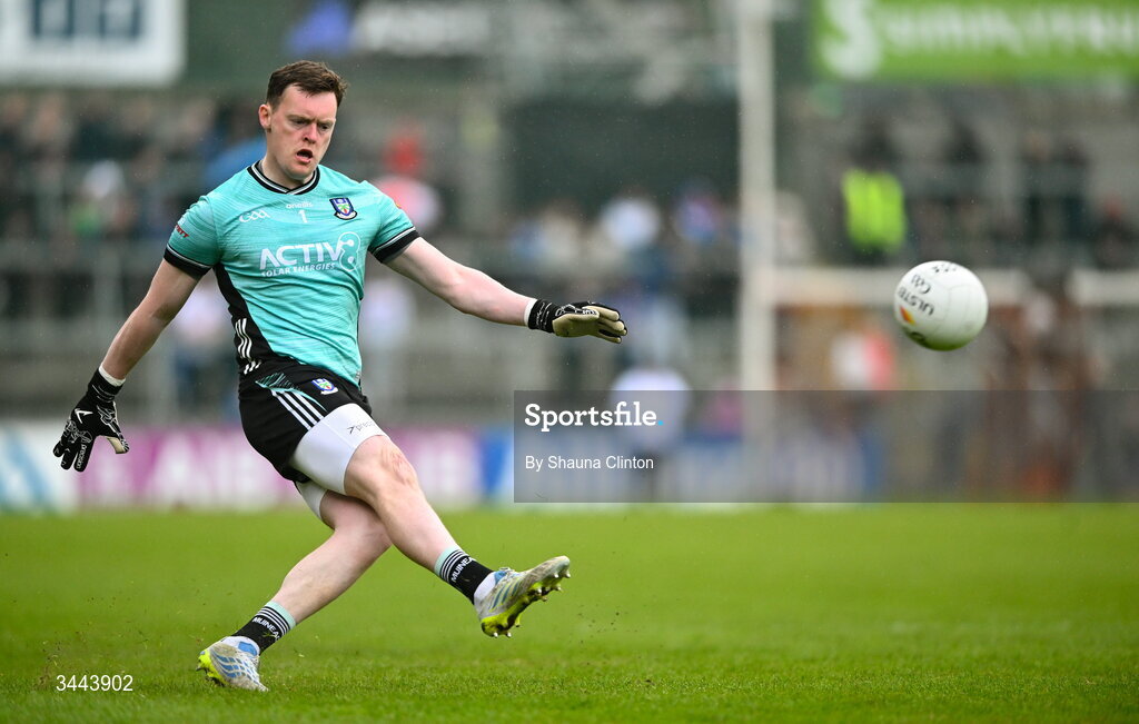 2 May 2026; Monaghan goalkeeper Rory Beggan kicks a two-point score during the Ulster GAA Football Senior Championship semi-final match between Derry and Monaghan at BOX-IT Athletic Grounds in Armagh. Photo by Shauna Clinton/Sportsfile