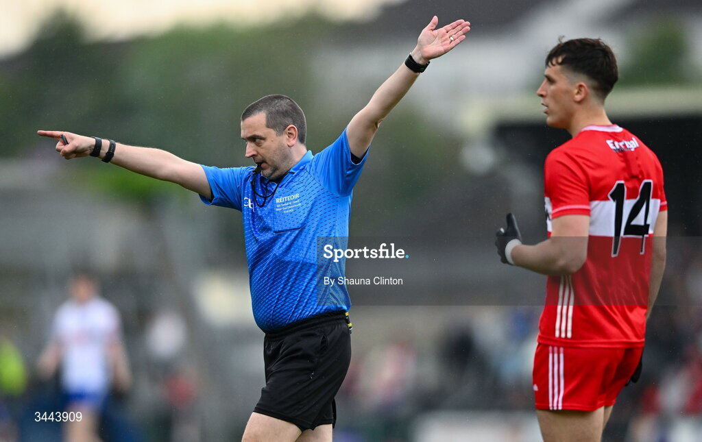2 May 2026; Referee Noel Mooney awards a free to Monaghan during the Ulster GAA Football Senior Championship semi-final match between Derry and Monaghan at BOX-IT Athletic Grounds in Armagh. Photo by Shauna Clinton/Sportsfile