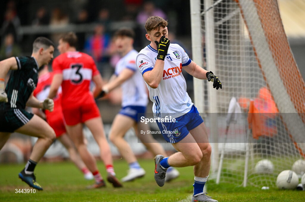 2 May 2026; Micheal Bannigan of Monaghan reacts to a missed shot on goal during the Ulster GAA Football Senior Championship semi-final match between Derry and Monaghan at BOX-IT Athletic Grounds in Armagh. Photo by Shauna Clinton/Sportsfile