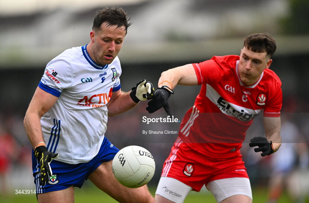 2 May 2026; Dessie Ward of Monaghan in action against Gareth McKinless of Derry during the Ulster GAA Football Senior Championship semi-final match between Derry and Monaghan at BOX-IT Athletic Grounds in Armagh. Photo by Shauna Clinton/Sportsfile