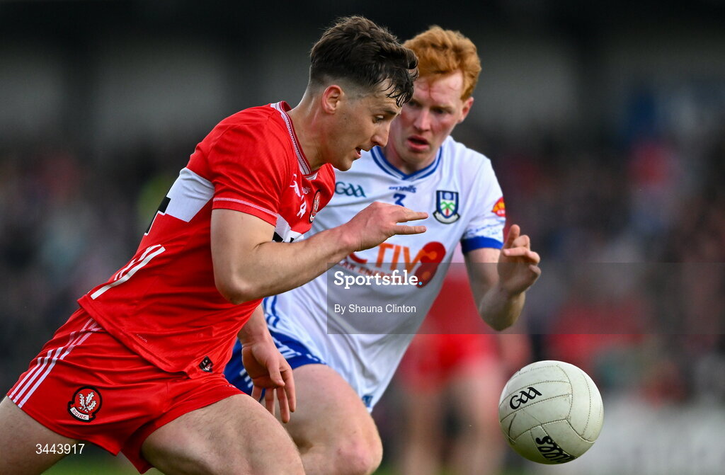 2 May 2026; Shane McGuigan of Derry in action against Ryan O'Toole of Monaghan during the Ulster GAA Football Senior Championship semi-final match between Derry and Monaghan at BOX-IT Athletic Grounds in Armagh. Photo by Shauna Clinton/Sportsfile