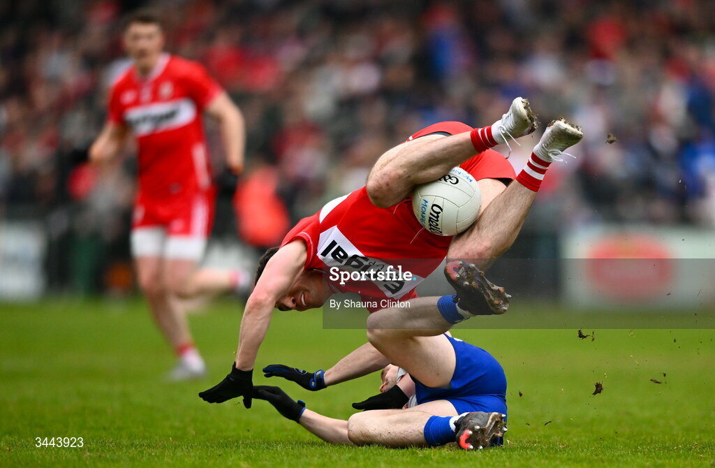 2 May 2026; Niall Loughlin of Derry in action against Darragh McElearney of Monaghan during the Ulster GAA Football Senior Championship semi-final match between Derry and Monaghan at BOX-IT Athletic Grounds in Armagh. Photo by Shauna Clinton/Sportsfile