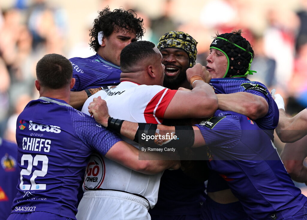 2 May 2026; Exeter Chiefs players tussle with Juarno Augustus of Ulster during the EPCR Challenge Cup semi-final match between Ulster and Exeter Chiefs at Affidea Stadium in Belfast. Photo by Ramsey Cardy/Sportsfile