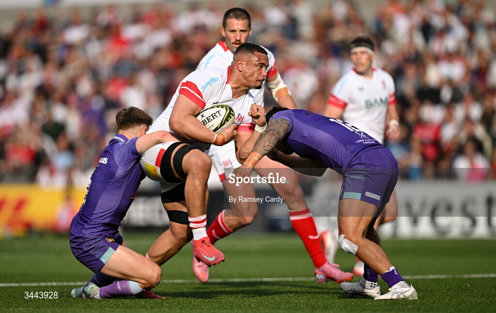 2 May 2026; Juarno Augustus of Ulster is tackled by Steve Varney, left, and Len Ikitau of Exeter Chiefs during the EPCR Challenge Cup semi-final match between Ulster and Exeter Chiefs at Affidea Stadium in Belfast. Photo by Ramsey Cardy/Sportsfile