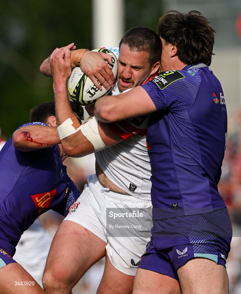 2 May 2026; Stuart McCloskey of Ulster is tackled by Tom Hooper of Exeter Chiefs during the EPCR Challenge Cup semi-final match between Ulster and Exeter Chiefs at Affidea Stadium in Belfast. Photo by Ramsey Cardy/Sportsfile
