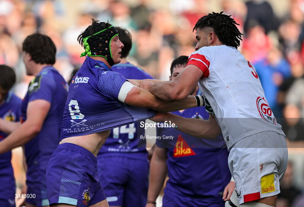 2 May 2026; Ross Vintcent of Exeter Chiefs and Cormac Izuchukwu of Ulster tussle during the EPCR Challenge Cup semi-final match between Ulster and Exeter Chiefs at Affidea Stadium in Belfast. Photo by Ramsey Cardy/Sportsfile