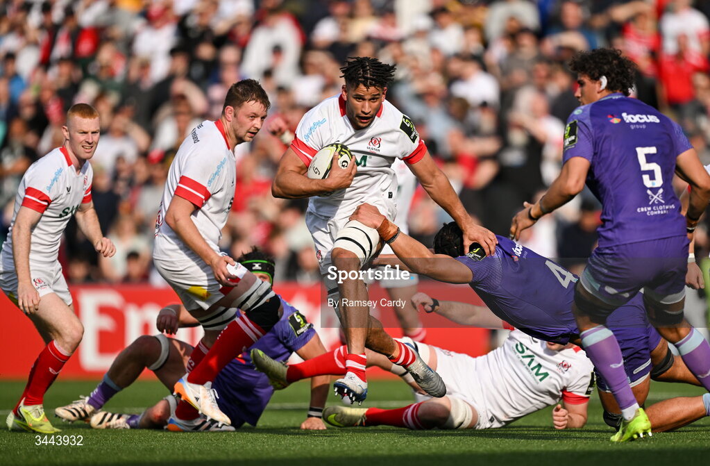 2 May 2026; Cormac Izuchukwu of Ulster is tackled by Dafydd Jenkins of Exeter Chiefs during the EPCR Challenge Cup semi-final match between Ulster and Exeter Chiefs at Affidea Stadium in Belfast. Photo by Ramsey Cardy/Sportsfile