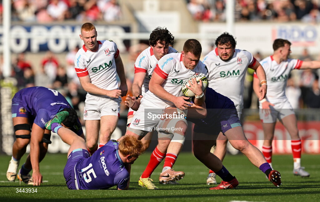 2 May 2026; Zac Ward of Ulster is tackled by Ben Hammersley of Exeter Chiefs during the EPCR Challenge Cup semi-final match between Ulster and Exeter Chiefs at Affidea Stadium in Belfast. Photo by Ramsey Cardy/Sportsfile