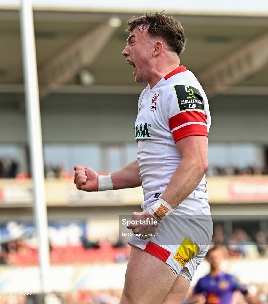 2 May 2026; Jack Murphy of Ulster celebrates after scoring his side's second try during the EPCR Challenge Cup semi-final match between Ulster and Exeter Chiefs at Affidea Stadium in Belfast. Photo by Ramsey Cardy/Sportsfile