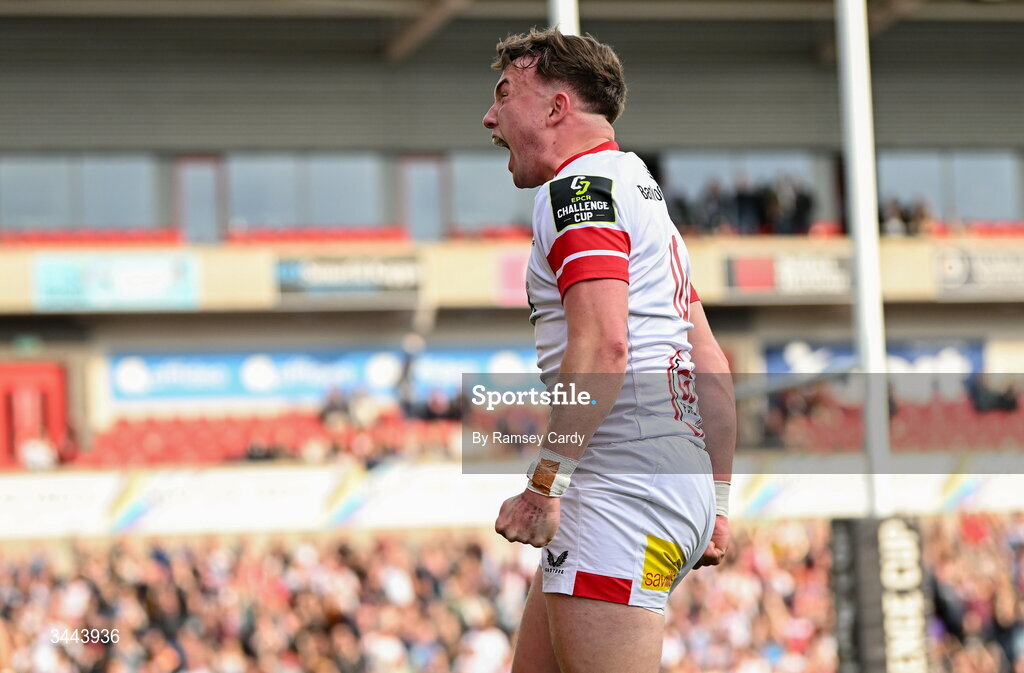 2 May 2026; Jack Murphy of Ulster celebrates after scoring his side's second try during the EPCR Challenge Cup semi-final match between Ulster and Exeter Chiefs at Affidea Stadium in Belfast. Photo by Ramsey Cardy/Sportsfile