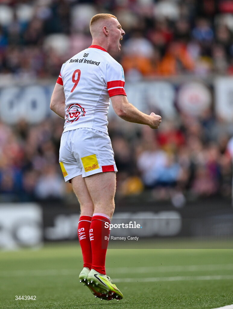 2 May 2026; Nathan Doak of Ulster celebrates after kicking a conversion during the EPCR Challenge Cup semi-final match between Ulster and Exeter Chiefs at Affidea Stadium in Belfast. Photo by Ramsey Cardy/Sportsfile