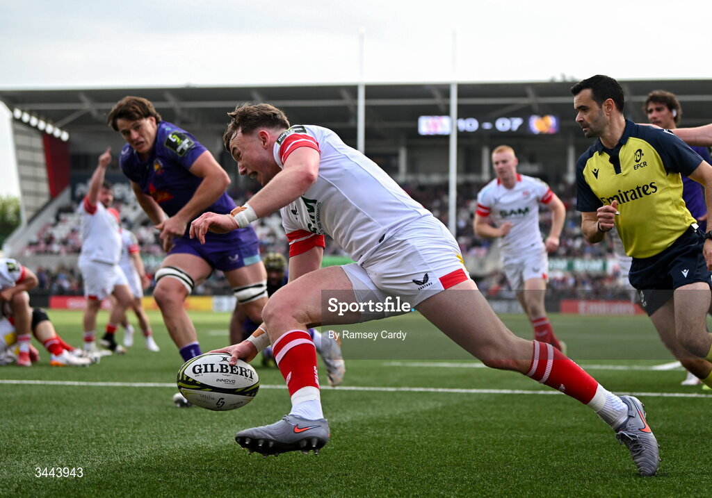 2 May 2026; Jack Murphy of Ulster scores his side's second try during the EPCR Challenge Cup semi-final match between Ulster and Exeter Chiefs at Affidea Stadium in Belfast. Photo by Ramsey Cardy/Sportsfile