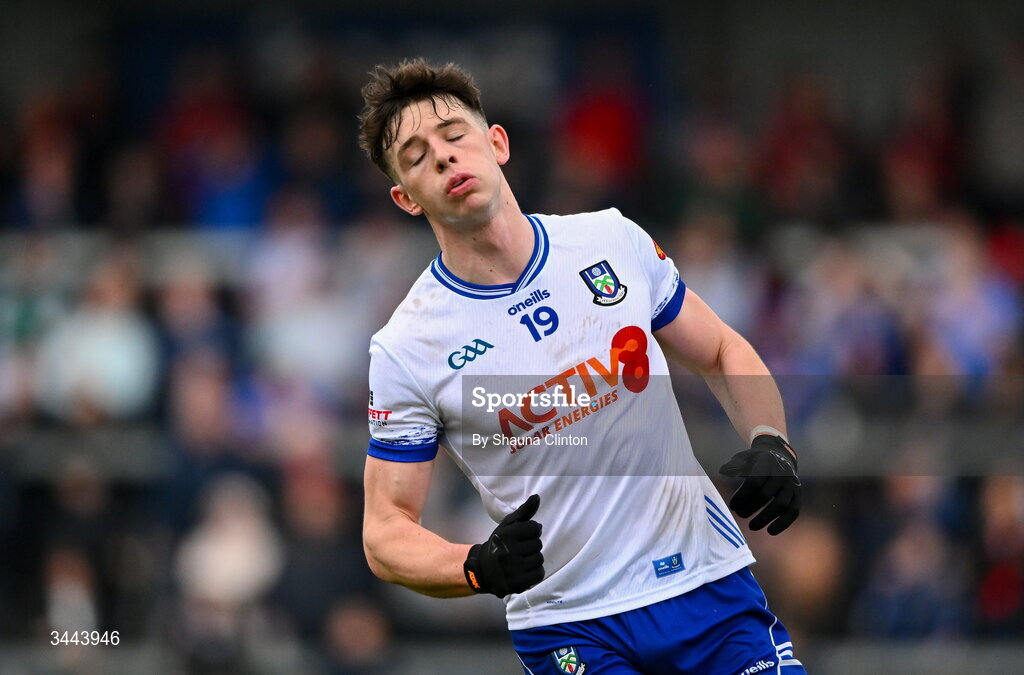 2 May 2026; Bobby McCaul of Monaghan reacts to a missed shot on goal during the Ulster GAA Football Senior Championship semi-final match between Derry and Monaghan at BOX-IT Athletic Grounds in Armagh. Photo by Shauna Clinton/Sportsfile