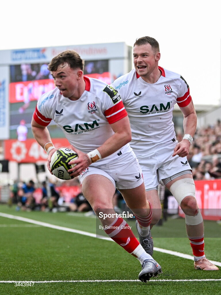 2 May 2026; Jack Murphy of Ulster on his way to scoring his side's second try during the EPCR Challenge Cup semi-final match between Ulster and Exeter Chiefs at Affidea Stadium in Belfast. Photo by Ramsey Cardy/Sportsfile