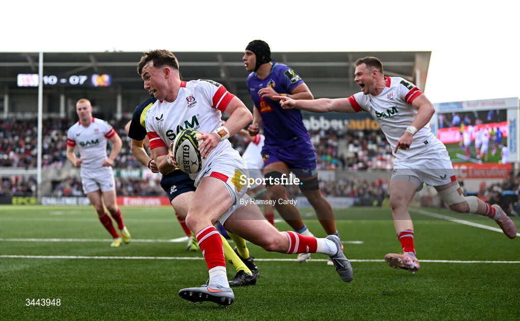 2 May 2026; Jack Murphy of Ulster on his way to scoring his side's second try during the EPCR Challenge Cup semi-final match between Ulster and Exeter Chiefs at Affidea Stadium in Belfast. Photo by Ramsey Cardy/Sportsfile
