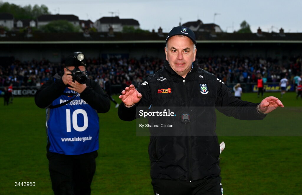 2 May 2026; Monaghan manager Gabriel Bannigan ushers people off the pitch as the game is mistakenly called to an end during the Ulster GAA Football Senior Championship semi-final match between Derry and Monaghan at BOX-IT Athletic Grounds in Armagh. Photo by Shauna Clinton/Sportsfile