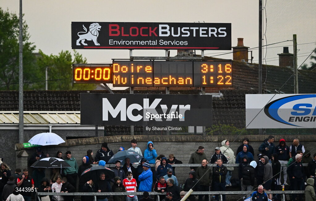 2 May 2026; A general view of the scoreboard as the match goes into extra-time during the Ulster GAA Football Senior Championship semi-final match between Derry and Monaghan at BOX-IT Athletic Grounds in Armagh. Photo by Shauna Clinton/Sportsfile