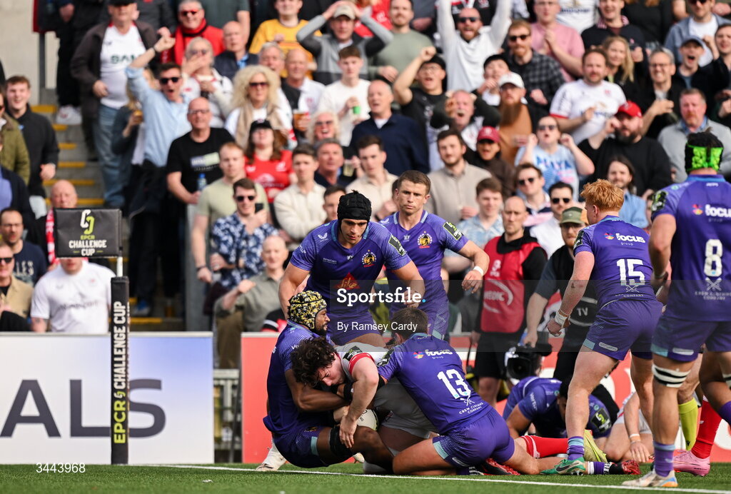 2 May 2026; Dave McCann of Ulster scores his side's third try during the EPCR Challenge Cup semi-final match between Ulster and Exeter Chiefs at Affidea Stadium in Belfast. Photo by Ramsey Cardy/Sportsfile