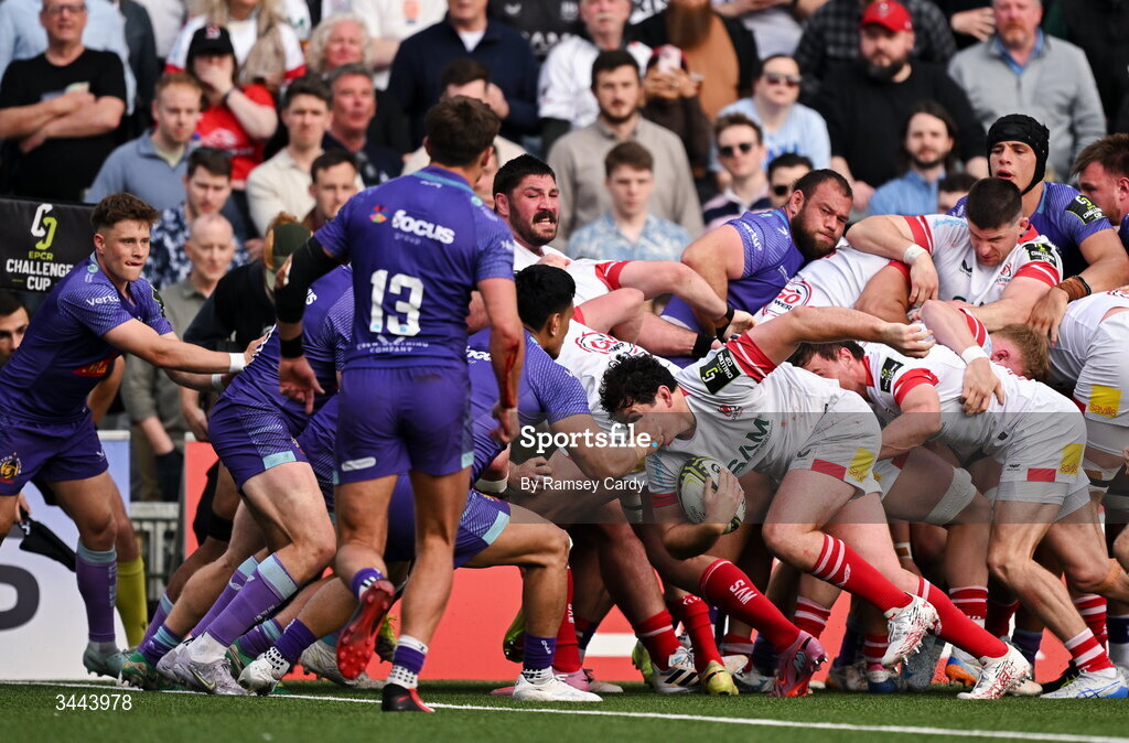 2 May 2026; Tom Stewart of Ulster on his way to scoring his side's fourth try during the EPCR Challenge Cup semi-final match between Ulster and Exeter Chiefs at Affidea Stadium in Belfast. Photo by Ramsey Cardy/Sportsfile
