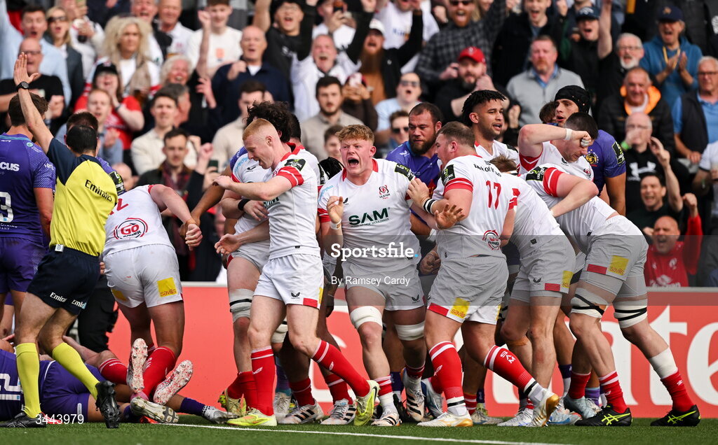 2 May 2026; Ulster players, including Bryn Ward, celebrate their side's fourth try, scored by Tom Stewart, during the EPCR Challenge Cup semi-final match between Ulster and Exeter Chiefs at Affidea Stadium in Belfast. Photo by Ramsey Cardy/Sportsfile