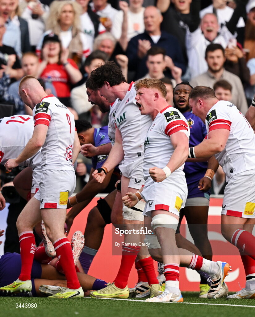 2 May 2026; Ulster players, including Bryn Ward, celebrate their side's fourth try, scored by Tom Stewart, during the EPCR Challenge Cup semi-final match between Ulster and Exeter Chiefs at Affidea Stadium in Belfast. Photo by Ramsey Cardy/Sportsfile