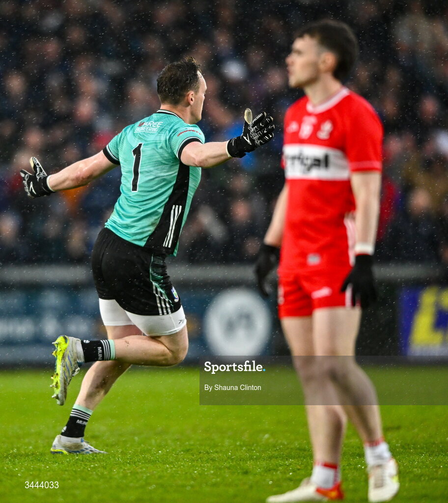 2 May 2026; Monaghan goalkeeper Rory Beggan celebrates after kicking the game-winning score during extra-time of the Ulster GAA Football Senior Championship semi-final match between Derry and Monaghan at BOX-IT Athletic Grounds in Armagh. Photo by Shauna Clinton/Sportsfile