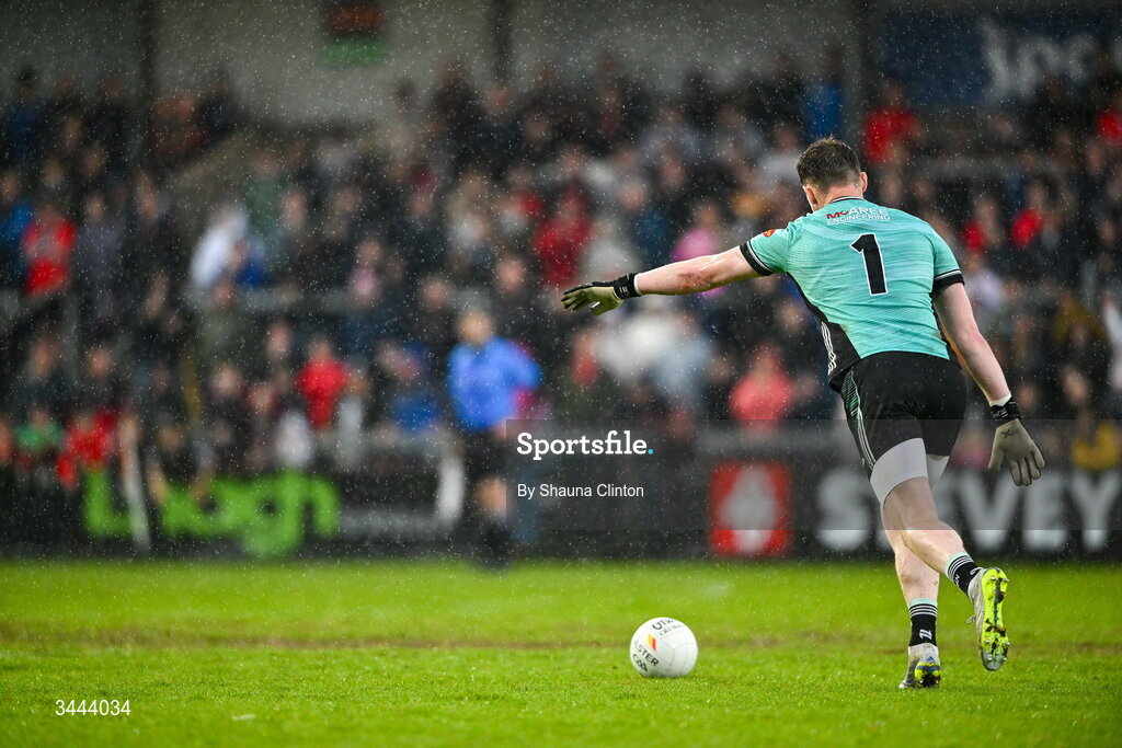 2 May 2026; Monaghan goalkeeper Rory Beggan kicks the game-winning score during extra-time of the Ulster GAA Football Senior Championship semi-final match between Derry and Monaghan at BOX-IT Athletic Grounds in Armagh. Photo by Shauna Clinton/Sportsfile