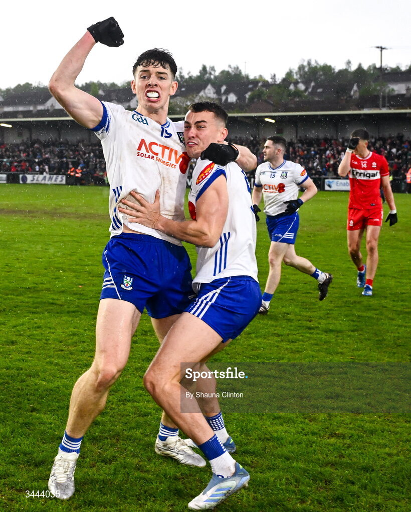 2 May 2026; Monaghan players Bobby McCaul, left, and Cameron Dowd celebrate after their side's victory in the Ulster GAA Football Senior Championship semi-final match between Derry and Monaghan at BOX-IT Athletic Grounds in Armagh. Photo by Shauna Clinton/Sportsfile