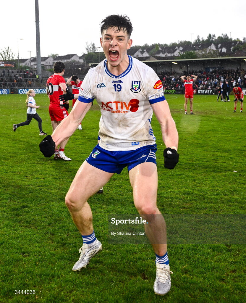 2 May 2026; Bobby McCaul of Monaghan celebrates after his side's victory in the Ulster GAA Football Senior Championship semi-final match between Derry and Monaghan at BOX-IT Athletic Grounds in Armagh. Photo by Shauna Clinton/Sportsfile