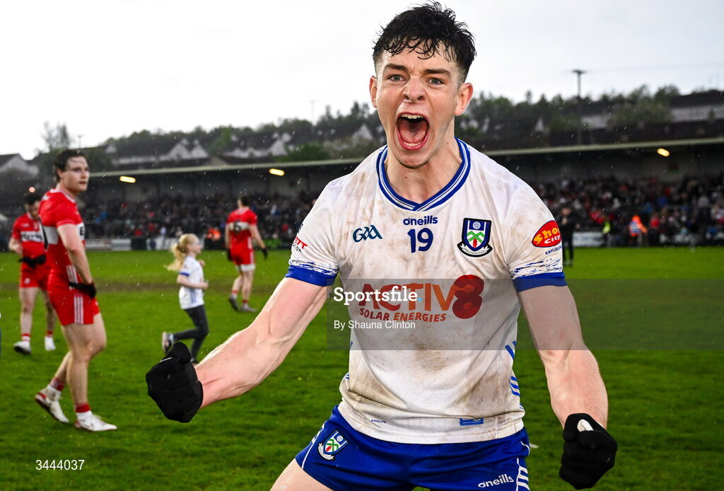 2 May 2026; Bobby McCaul of Monaghan celebrates after his side's victory in the Ulster GAA Football Senior Championship semi-final match between Derry and Monaghan at BOX-IT Athletic Grounds in Armagh. Photo by Shauna Clinton/Sportsfile