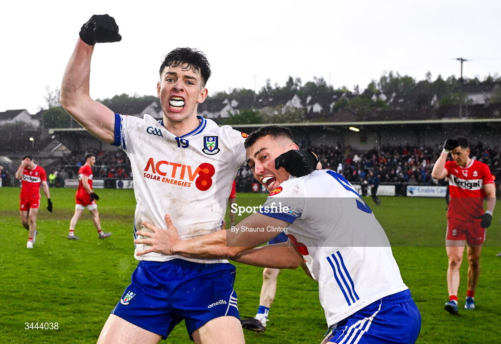 2 May 2026; Monaghan players Bobby McCaul, left, and Cameron Dowd celebrate after their side's victory in the Ulster GAA Football Senior Championship semi-final match between Derry and Monaghan at BOX-IT Athletic Grounds in Armagh. Photo by Shauna Clinton/Sportsfile