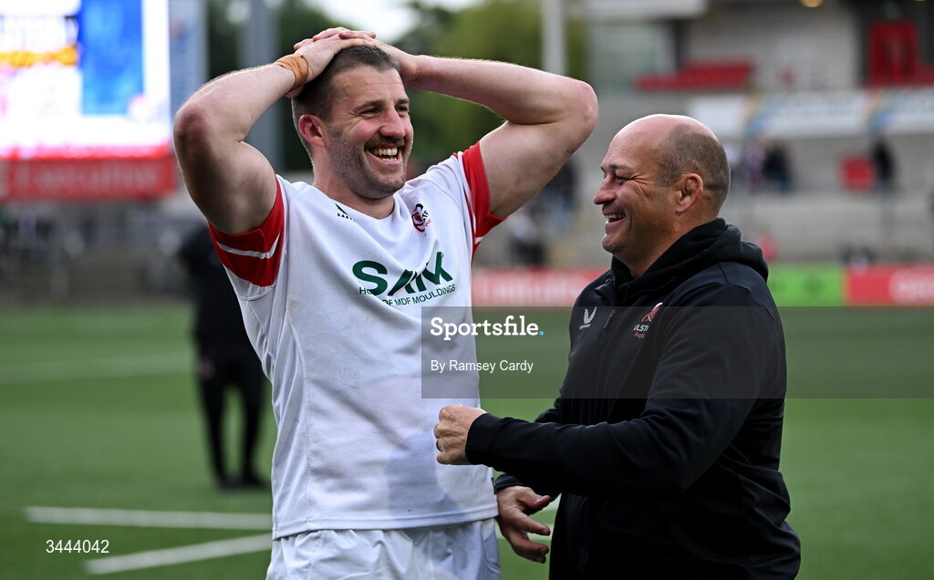 2 May 2026; Stuart McCloskey, left, and Ulster Rugby General Manager Rory Best celebrate after the EPCR Challenge Cup semi-final match between Ulster and Exeter Chiefs at Affidea Stadium in Belfast. Photo by Ramsey Cardy/Sportsfile