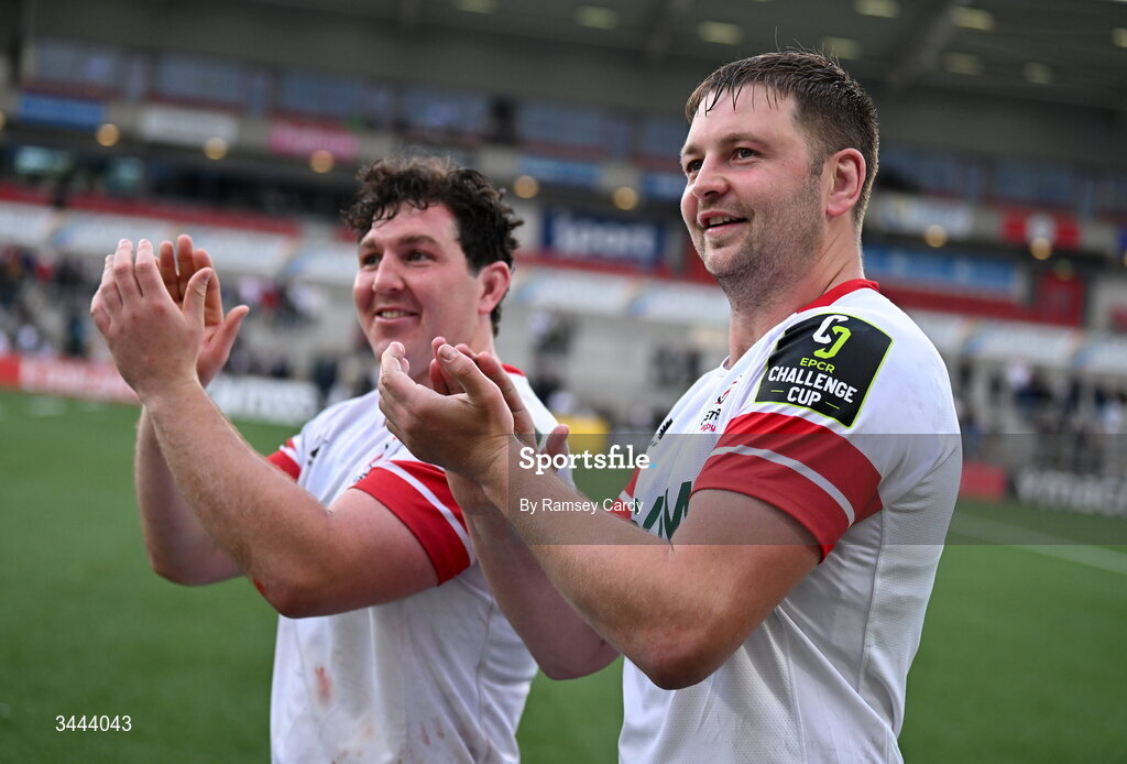 2 May 2026; Iain Henderson, right, and Tom Stewart of Ulster celebrate after the EPCR Challenge Cup semi-final match between Ulster and Exeter Chiefs at Affidea Stadium in Belfast. Photo by Ramsey Cardy/Sportsfile