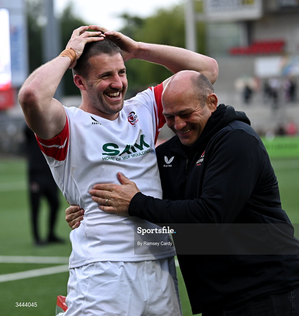 2 May 2026; Stuart McCloskey, left, and Ulster Rugby General Manager Rory Best celebrate after the EPCR Challenge Cup semi-final match between Ulster and Exeter Chiefs at Affidea Stadium in Belfast. Photo by Ramsey Cardy/Sportsfile