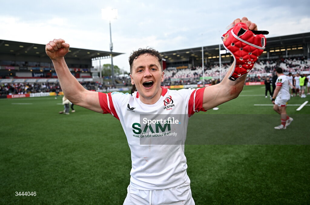 2 May 2026; Mike Lowry of Ulster celebrates after the EPCR Challenge Cup semi-final match between Ulster and Exeter Chiefs at Affidea Stadium in Belfast. Photo by Ramsey Cardy/Sportsfile