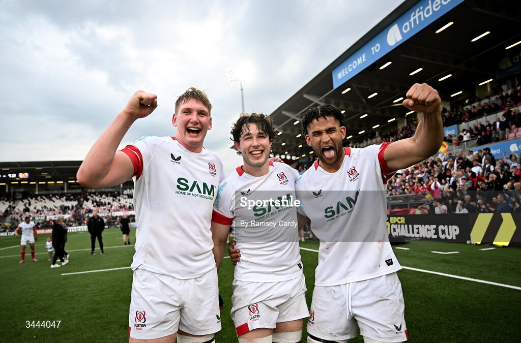 2 May 2026; Ulster players, from left, Charlie Irvine, Dave McCann and Cormac Izuchukwu celebrate after the EPCR Challenge Cup semi-final match between Ulster and Exeter Chiefs at Affidea Stadium in Belfast. Photo by Ramsey Cardy/Sportsfile