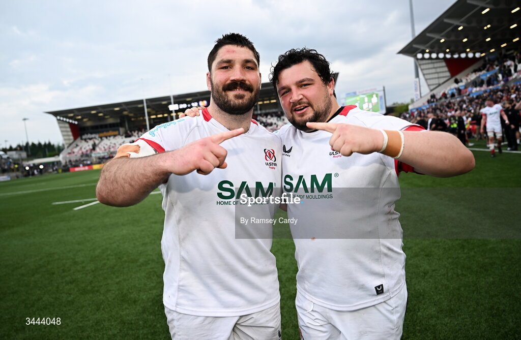 2 May 2026; Tom O'Toole, left, and Sam Crean of Ulster celebrate after the EPCR Challenge Cup semi-final match between Ulster and Exeter Chiefs at Affidea Stadium in Belfast. Photo by Ramsey Cardy/Sportsfile