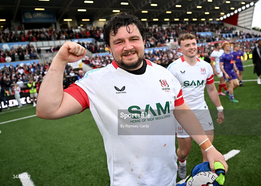 2 May 2026; Sam Crean of Ulster celebrates after the EPCR Challenge Cup semi-final match between Ulster and Exeter Chiefs at Affidea Stadium in Belfast. Photo by Ramsey Cardy/Sportsfile